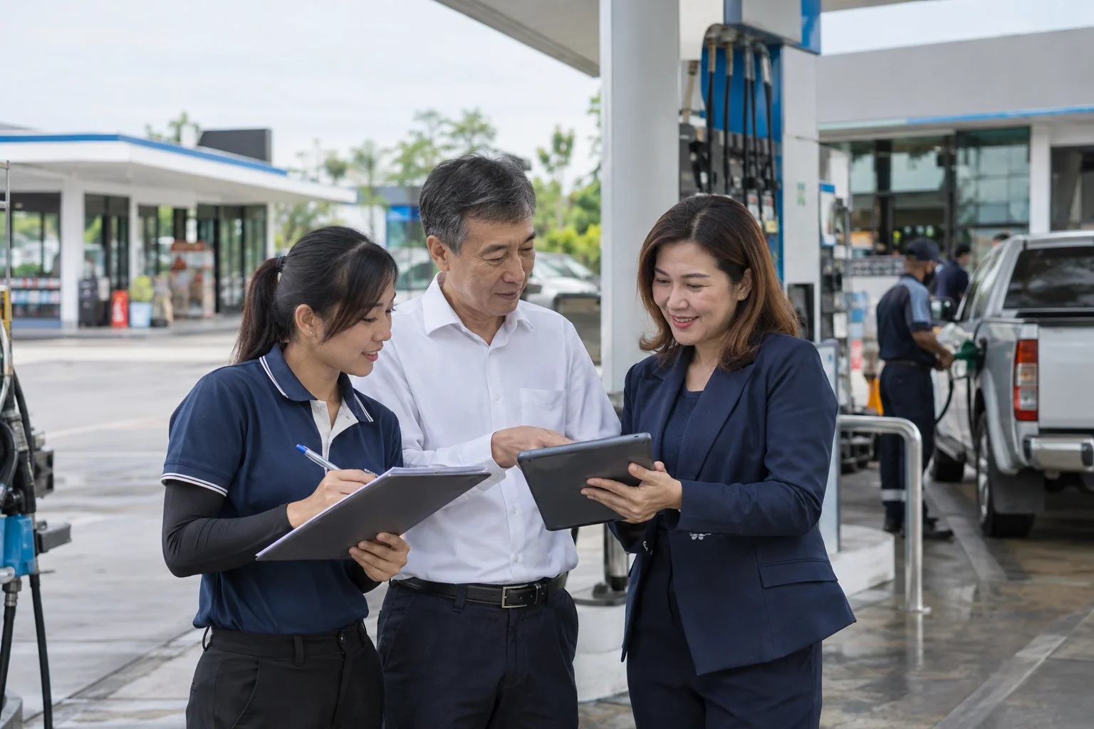 ทีมงานสามคนตรวจเอกสารและแท็บเล็ตที่สถานีบริการเชื้อเพลิง
